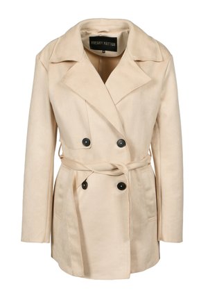 Beige dubbelgeknoopte trenchcoat met brede revers, zwarte knopen, ceintuurlint in de taille en zijzakken, maat XS, merk Freaky Nation.