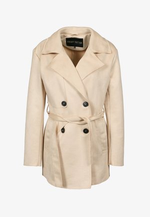 Beige dubbelgeknoopte trenchcoat met brede revers, zwarte knopen, ceintuurlint in de taille en zijzakken, maat XS, merk Freaky Nation.