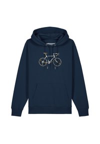 Marineblaue Kapuzenjacke mit einer grafischen Illustration eines Fahrrads; enthält eine Vordertasche und eine verstellbare Kordelzugkapuze.