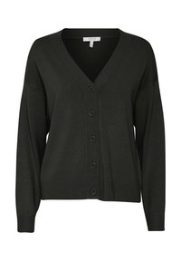 Cardigan verde scuro realizzato in morbido tessuto a maglia, con scollo a V profondo, sei bottoni e polsini e fondo a costine. Vestibilità rilassata con spalle scese.