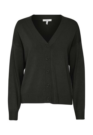 Cardigan verde scuro realizzato in morbido tessuto a maglia, con scollo a V profondo, sei bottoni e polsini e fondo a costine. Vestibilità rilassata con spalle scese.