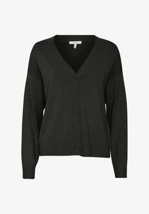 Cardigan verde scuro realizzato in morbido tessuto a maglia, con scollo a V profondo, sei bottoni e polsini e fondo a costine. Vestibilità rilassata con spalle scese.