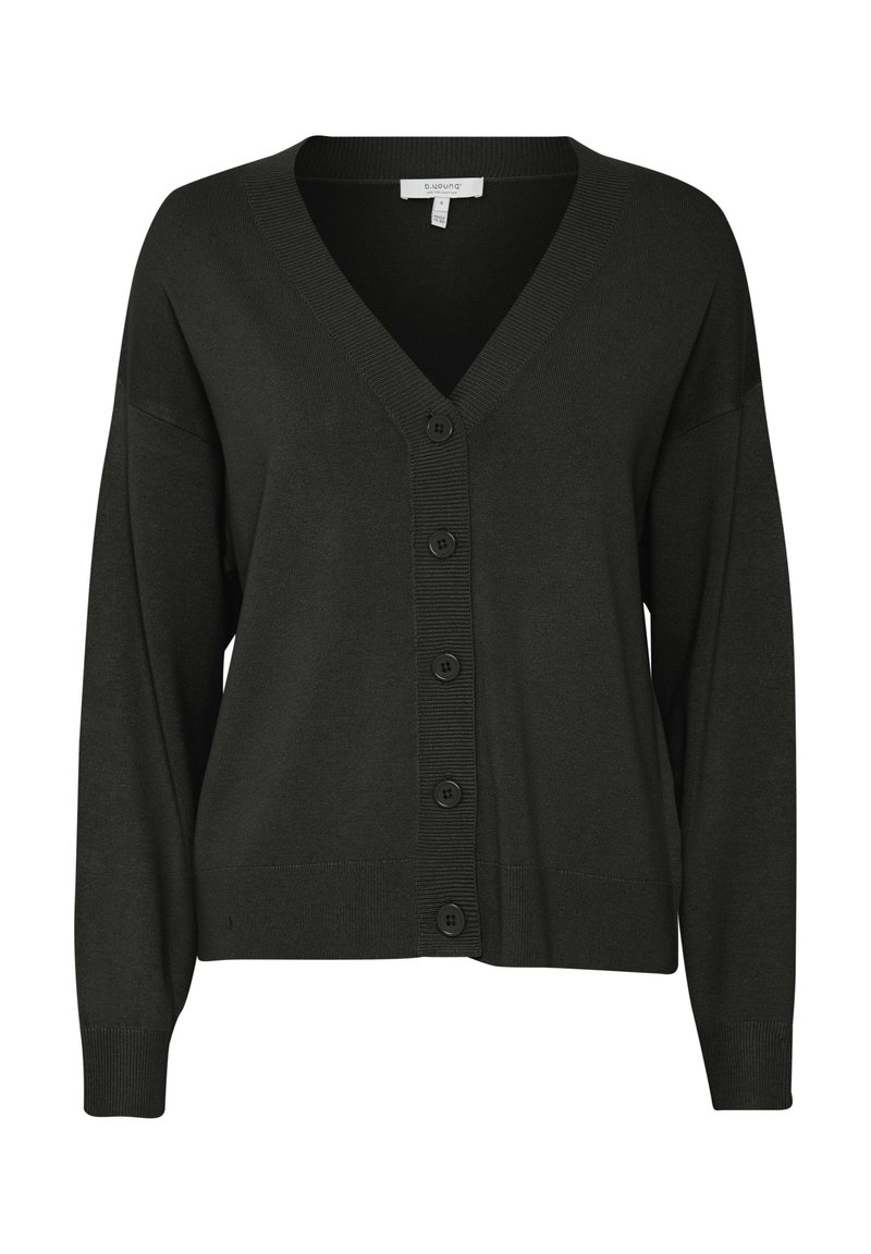 Cardigan verde scuro realizzato in morbido tessuto a maglia, con scollo a V profondo, sei bottoni e polsini e fondo a costine. Vestibilità rilassata con spalle scese.