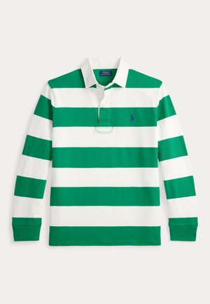 Zeleno-bela polo majica z dolgimi rokavi z ovratnikom, na prsih z majhnim vezenim logotipom in z gubico.