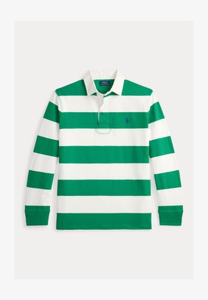 Rohelise ja valge triibulise pika varrukaga polosärk kraega, millel on rinnal väike tikitud logo ja nööbid.