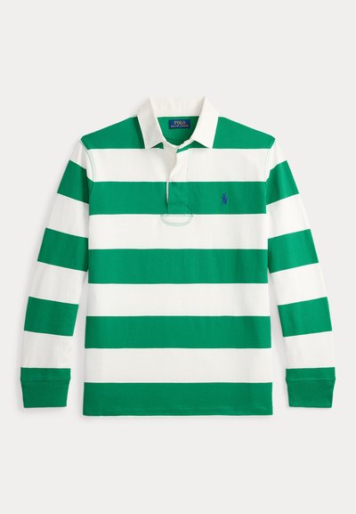 Zöld-fehér csíkos, hosszú ujjú galléros pólóing galléros nyakkal, kis hímzett logóval a mellkason és gombolattal.