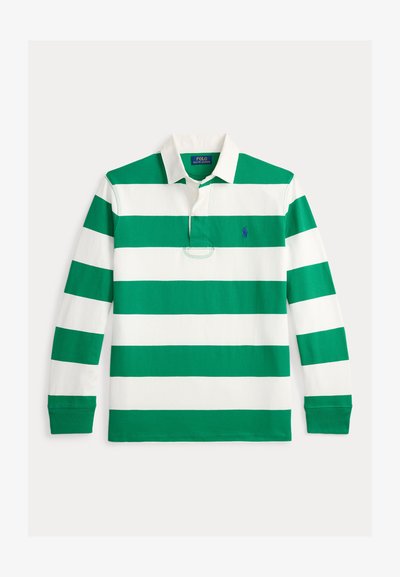 Zöld-fehér csíkos, hosszú ujjú galléros pólóing galléros nyakkal, kis hímzett logóval a mellkason és gombolattal.