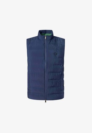 Granatowa kamizelka puchowa z wysokim kołnierzem, zapięciem na zamek błyskawiczny, wieloma kieszeniami oraz lekką, pikowaną strukturą. Idealna do noszenia w warstwach.