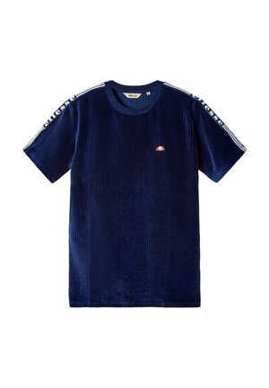 Marineblaue kurzärmlige Cord-T-Shirt mit Ellesse-Logo auf der Brust und weißen Logotextstreifen, die an beiden Ärmeln verlaufen.
