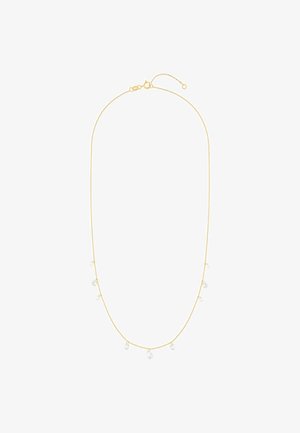 Collana delicata in oro con sette piccoli pendenti a forma di goccia trasparente equidistanti lungo la catena.