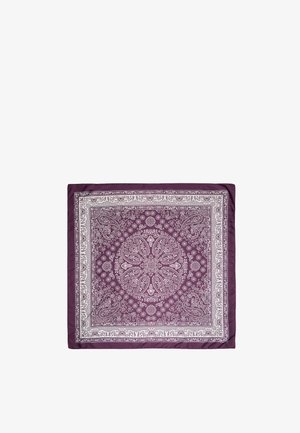 Quadratisches lila Bandana mit weißen, filigranen Paisley- und Blumenmustern sowie dekorativen Rändern.