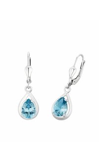 Pendientes de gota de plata con piedras preciosas azules en forma de pera, asegurados con cierres de palanca, que realzan su diseño elegante.