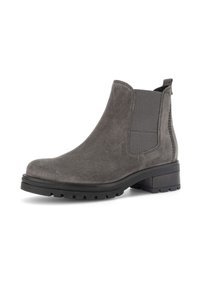 Grijze suède Chelsea-boots met elastische zijpanelen, textuuraccenten, een lage blokhak en een robuuste rubberen zool.