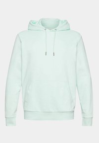 Sudadera verde menta clara hecha de una tela suave, con un bolsillo frontal, capucha con cordón y puños y dobladillo de punto. Diseño sencillo sin patrones.