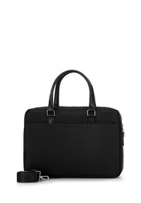Zwarte laptoptas met dubbele handvatten, getextureerde stof, zilveren hardware en een afneembare schouderband. Eenvoudig ontwerp met een ritsvak.