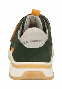 Green suede athletic shoe with a padded collar, mesh lining, and orange accents. Features a white midsole and rubber outsole.