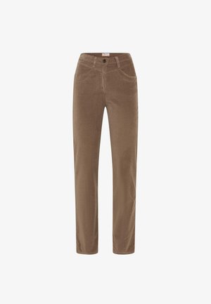 Braune Babycord-Hosen mit geradem Bein, ausgestattet mit einem vorderen Knopfverschluss, zwei seitlichen Taschen und strukturierter Stoffoberfläche.