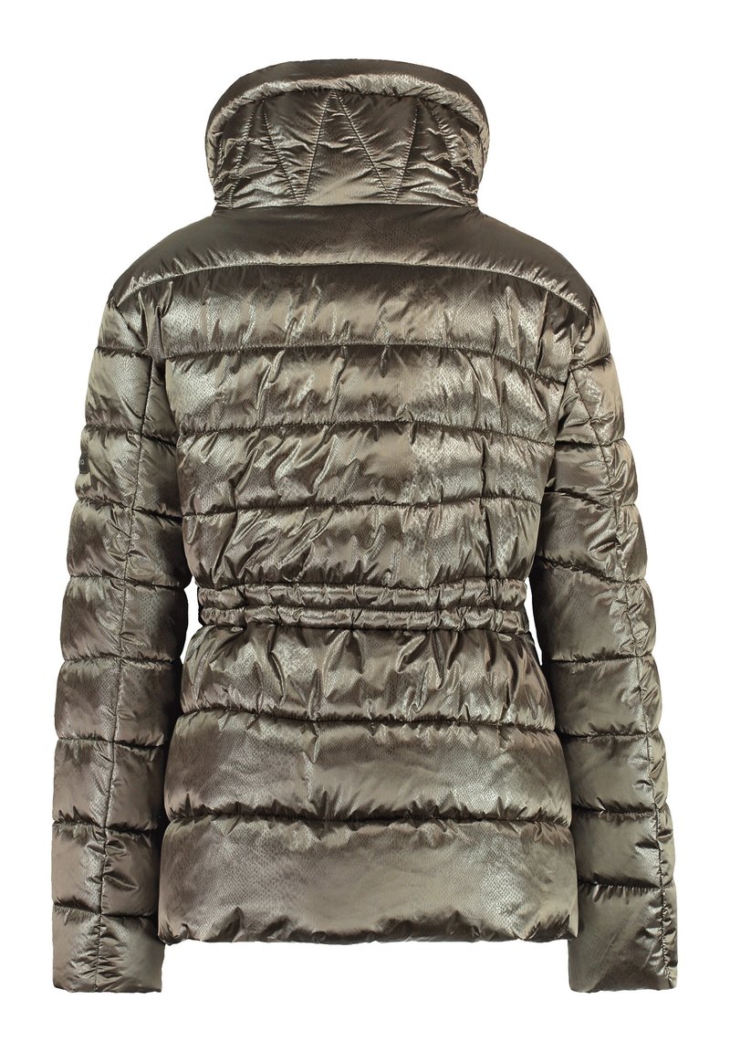 Metallic olivgrüner Puffer-Jacke mit hohem Kragen, tailliertem Gürtel und gestepptem Muster. Verfügt über eine glatte Textur und gerippte Bündchen.