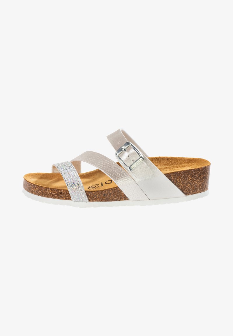 Witte sandaal met fonkelende band en lichte kurken wedge. Bevat kruisbandschoenen en een zilveren gesp. Zachte, gestructureerde voetbed.