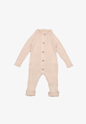 Knitted beige onesie with ribbed texture, long sleeves, five wooden buttons, and cuffed legs, designed for infants.