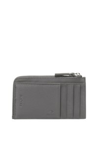 Gray leather wallet with a zipped compartment, four card slots, and embossed logo. Smooth texture and minimalist design.