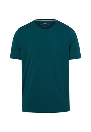 Dunkel petrolfarbenes kurzärmeliges Baumwoll-T-Shirt mit rundem Ausschnitt und dezentem Logo auf der linken Brustseite.