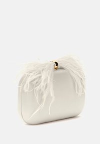 Baltas stačiakampis dėklas, pagamintas iš lygaus medžiagos, su plunksnos akcentu viršuje, pritvirtintu auksinės spalvos juosta.