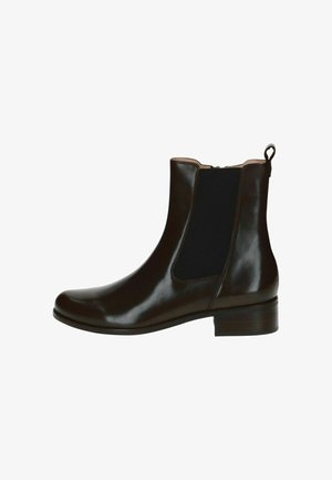 Braune Leder-Ankle-Boots mit elastischen Seitenpaneelen, abgerundeter Spitze und niedrigem Blockabsatz. Glatte Oberfläche mit Nahtdetails entlang der Kanten.