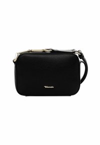 Black leather crossbody bag with a textured finish, gold-tone hardware, rectangular shape, and an adjustable strap for versatility.