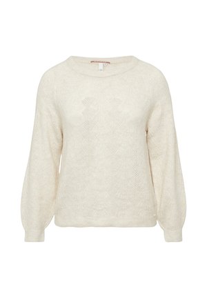 Geverfd crèmekleurig sweater met een relaxte pasvorm, brede halslijn en ballonmouwen. Heeft een geometrisch breipatroon en geribbelde manchetten.