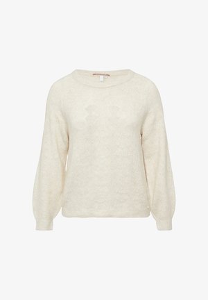 Pull en crème texturé avec une coupe décontractée, un large col et des manches bouffantes. Présente un motif de tricot géométrique et des poignets côtelés.