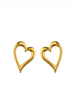 Arany, szív alakú fülbevalók fényes felülettel, nyitott kialakítással és sima, ívelt szélekkel.