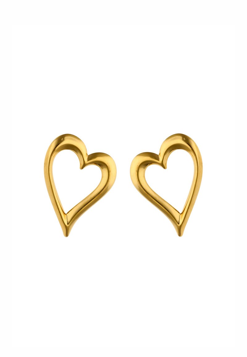 Gouden hartvormige oorbellen met een gepolijste afwerking, voorzien van een open ontwerp en gladde, gebogen randen.