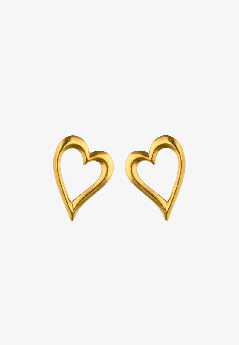Guldøreringe i hjerteform med en poleret finish, som har et åbent design og glatte, buede kanter.