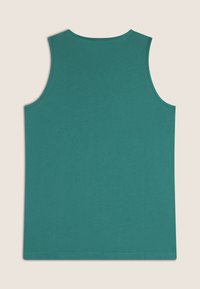 Top senza maniche color teal, realizzato in morbido cotone, presenta un colletto rotondo e una texture liscia. Non sono visibili motivi o dettagli.