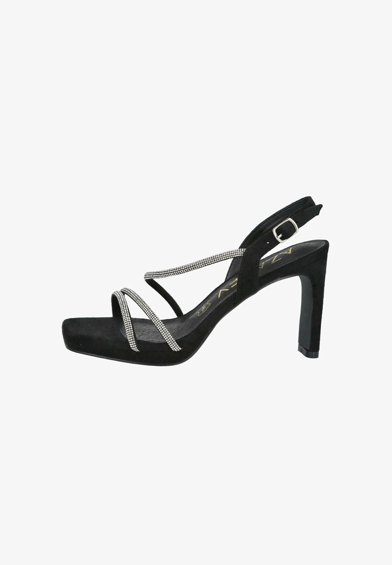 Sandalia de tacón alto de ante negro, tipo slingback, con tiras de cristal, puntera cuadrada y un diseño elegante; cuenta con un cierre de hebilla y una plantilla texturizada.