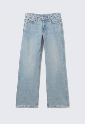 Jeans a gamba larga in denim azzurro chiaro con vita alta, cinque tasche e una leggera scoloritura. Presentano rivetti metallici e dettagli di cucitura.