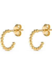 Guldörhängen med sfärisk pärldesign. Har en polerad yta och säker post-back stängning. Cirkelform med texturerade accenter.