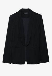 Czarna marynarka z kołnierzem typu szal, dwoma przednimi kieszeniami i dopasowanym krojem. Tkanina jest gładka z lekkim połyskiem.