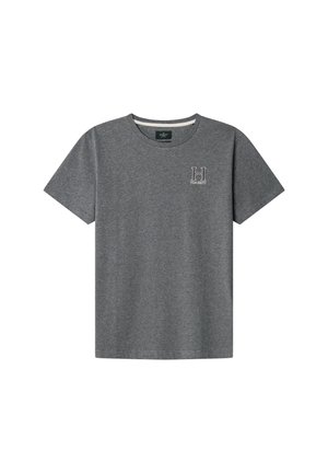 Gray cotton t-shirt with short sleeves, crew neckline, and embroidered "H" logo on the left chest. Smooth texture, relaxed fit.
