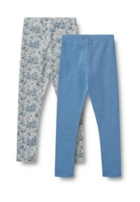 Zwei Kinderleggings, eine einfarbig blau und eine mit einem blau-weißen Blumenmuster, flach auf einem weißen Hintergrund dargestellt.