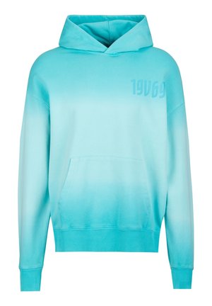 Hellblauer Hoodie mit Farbverlauf, vorderer Kängurutasche und dezentem "19V69"-Schriftzug auf der oberen linken Brust.