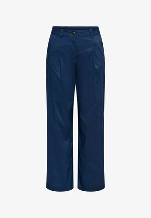 Navyblauwe wijde broek met plooien aan de voorkant, riemlussen, zijzakken en een enkele knoopsluiting op de tailleband.