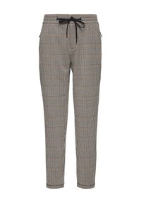 Geruite broeken in beige, zwart en bruine tinten. Voorzien van een elastische tailleband met een trekkoord, zijzakken en taps toelopende pijpen.