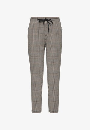 Geruite broeken in beige, zwart en bruine tinten. Voorzien van een elastische tailleband met een trekkoord, zijzakken en taps toelopende pijpen.