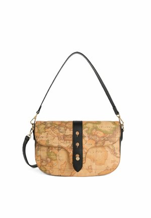 Piccola borsa a tracolla con stampa vintage della mappa del mondo, tracolla in pelle nera e dettaglio fibbia in pelle nera con accessori dorati.