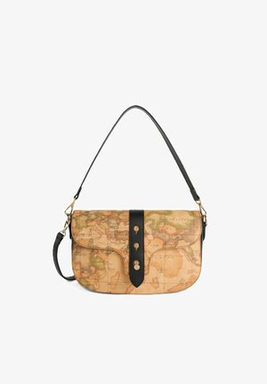 Piccola borsa a tracolla con stampa vintage della mappa del mondo, tracolla in pelle nera e dettaglio fibbia in pelle nera con accessori dorati.
