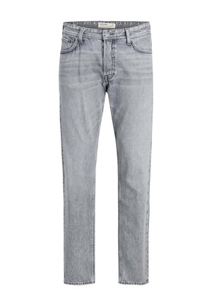 Jeans de denim cinza claro com corte reto, cinco bolsos e desbotamento subtil. Cintura clássica com fecho de zíper e botão.