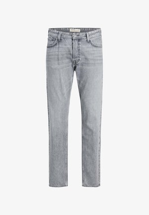 Jeans in denim grigio chiaro con taglio dritto, cinque tasche e una leggera sfumatura. Vita classica con chiusura a cerniera e bottone.