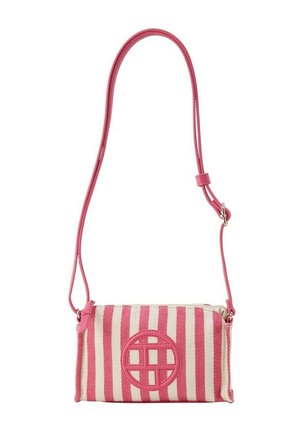Sac bandoulière à rayures roses et crème avec un accent en logo circulaire, en tissu texturé et une bandoulière. Fermeture zippée sur le dessus.